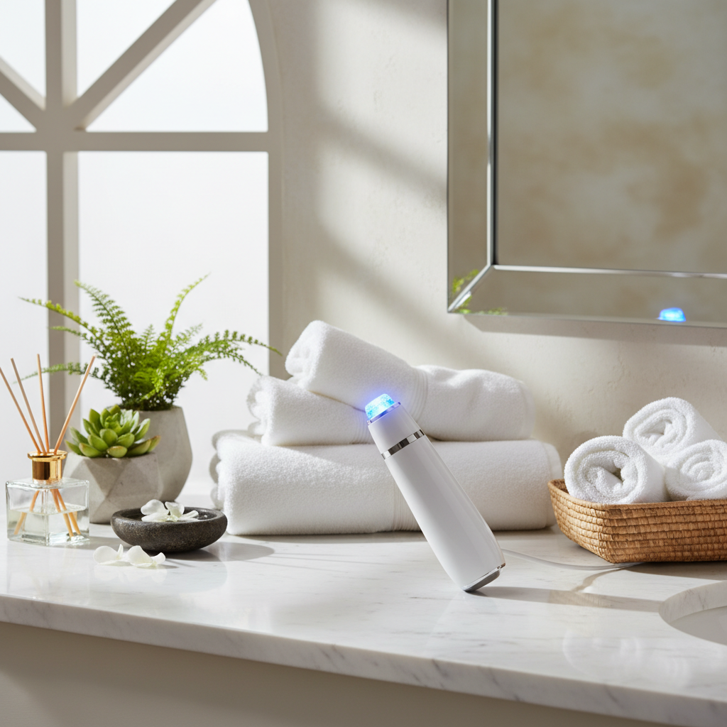 LED Facial Wand in luxury spa bathroom setting