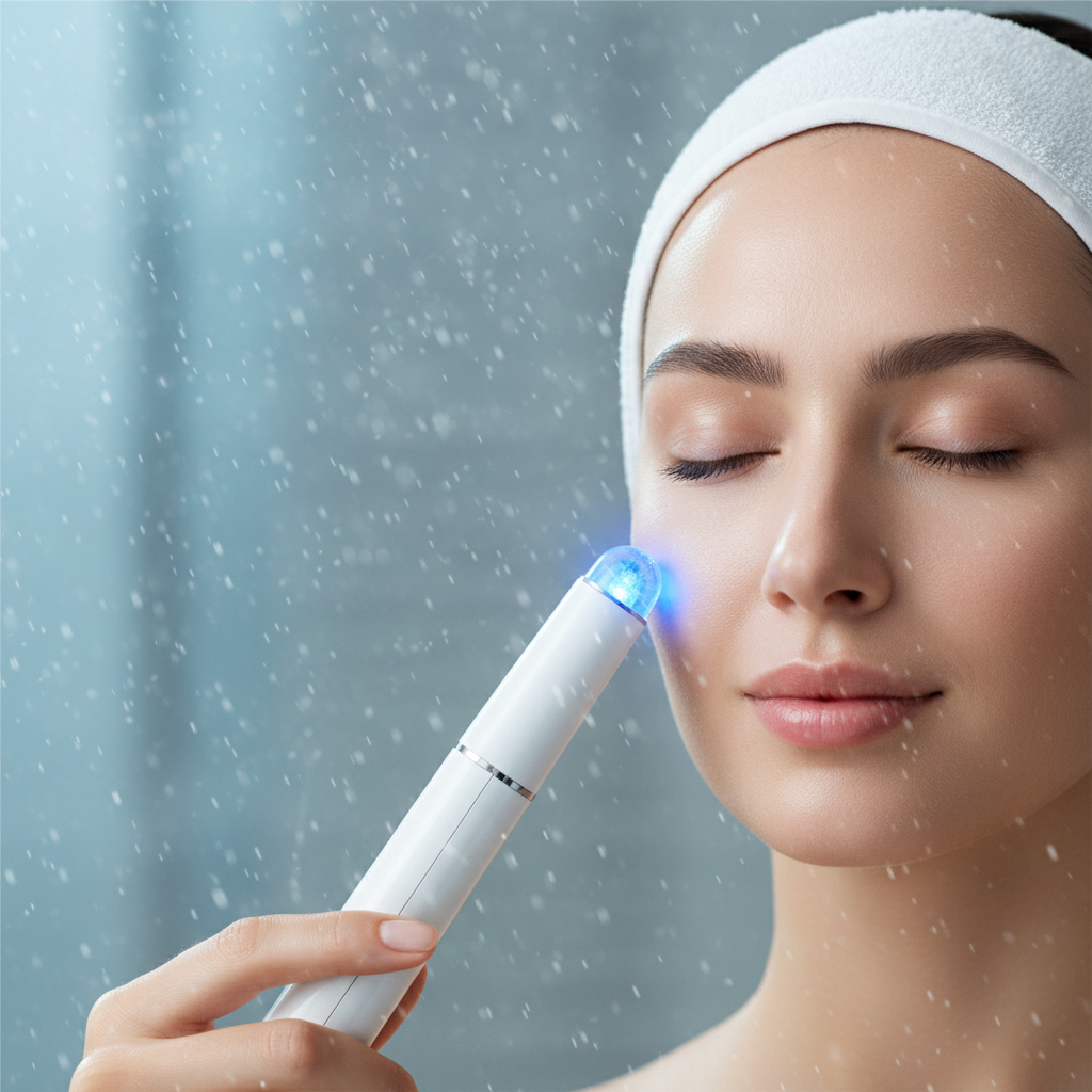 Woman using LED Facial Wand on her face
